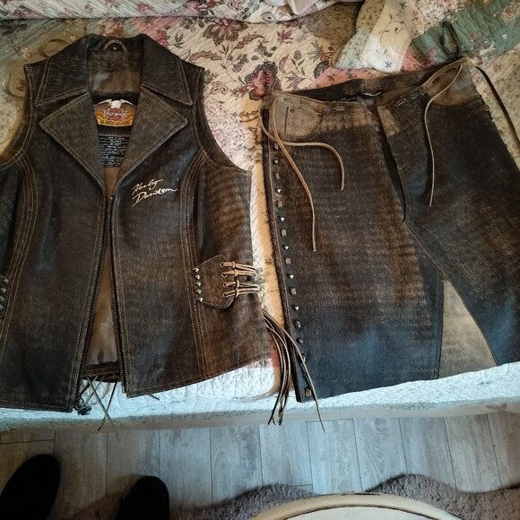 Nice Distressed Brown Leather Harley Davidson Vest and Skirt Set